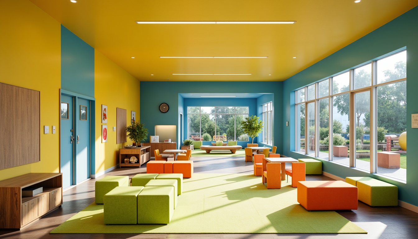 Prompt: Vibrant kindergarten, modernist architecture, bold color blocking, bright yellow walls, sky blue accents, lime green furniture, orange playground equipment, geometric shapes, minimalist decor, natural wood textures, large windows, sliding glass doors, abundant natural light, soft warm lighting, shallow depth of field, 3/4 composition, panoramic view, realistic textures, ambient occlusion.