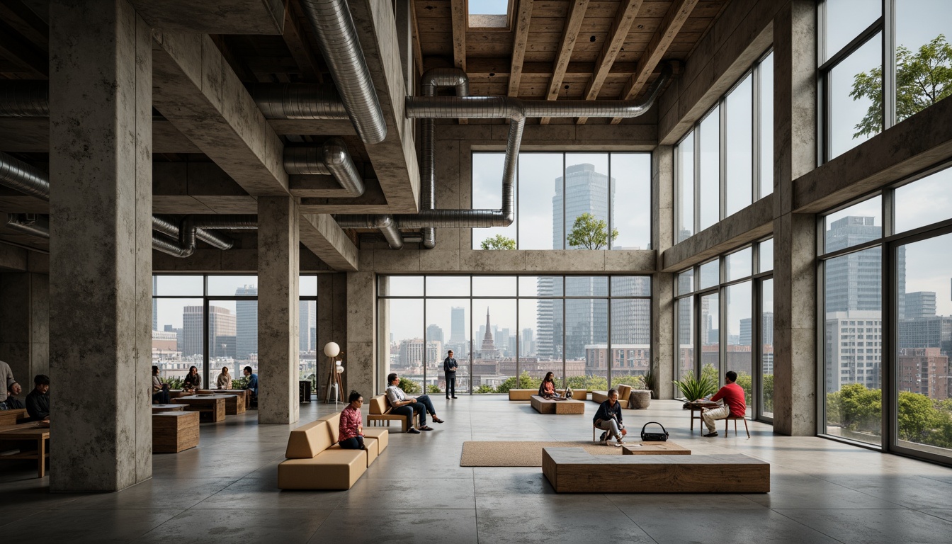 Prompt: Rugged community center, brutalist architecture, raw concrete walls, exposed ductwork, industrial metal beams, natural light pouring in, large skylights, clerestory windows, urban landscape views, gritty cityscape, overcast sky, soft diffused lighting, high contrast shadows, dramatic architectural angles, bold structural elements, minimalist interior design, functional simplicity, communal gathering spaces, reclaimed wood accents, earthy color palette, organic textures, 3/4 composition, cinematic framing, realistic render.