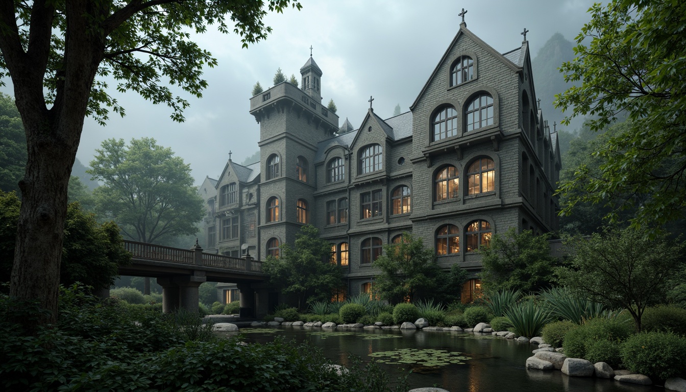 Prompt: Mysterious medieval castle, rugged stone walls, grandiose spires, stained glass windows, ornate gargoyles, lush greenery, overgrown vines, moss-covered stones, misty atmosphere, soft warm lighting, dramatic shadows, 3/4 composition, symmetrical framing, eerie ambiance, mystical fog, ancient trees, twisted branches, weathered wooden bridges, serene water features, reflective pools, Gothic arches, ribbed vaults, flying buttresses, intricate stone carvings.