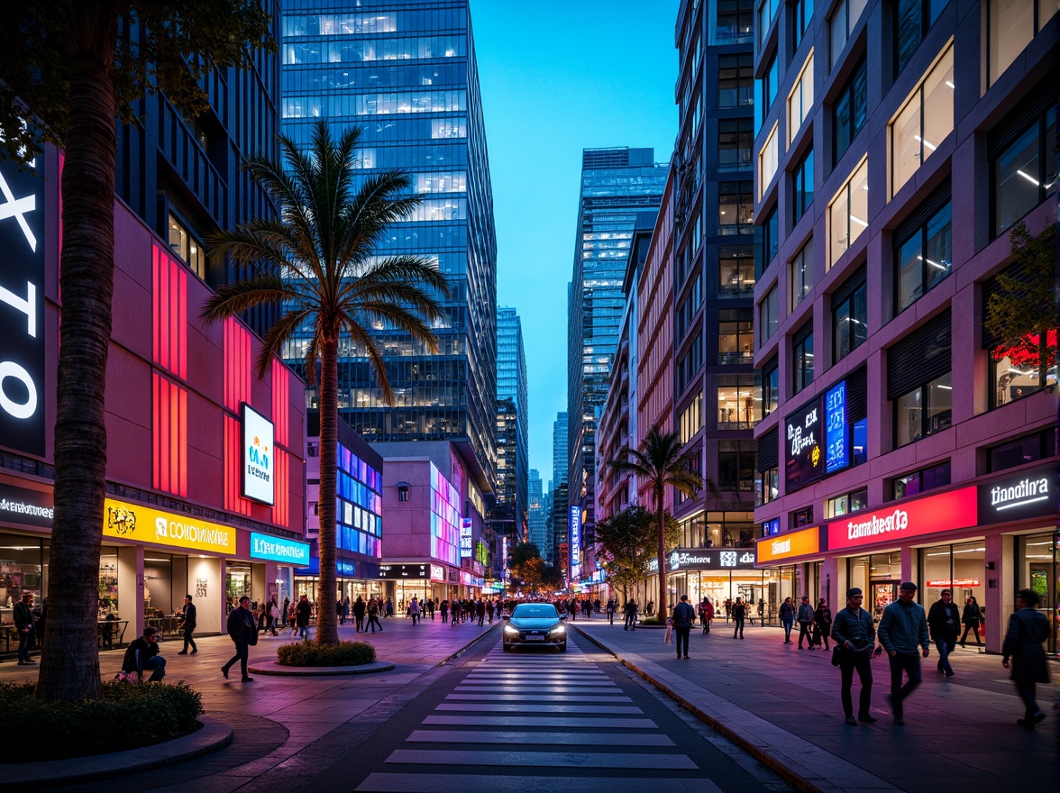 Prompt: Vibrant cityscape, modern skyscrapers, bold color blocking, contrasting hues, neon lights, urban landscape, bustling streets, pedestrian walkways, dynamic architecture, geometric patterns, metallic accents, glass facades, LED installations, futuristic ambiance, high-contrast lighting, dramatic shadows, 1/1 composition, low-angle shot, cinematic mood, realistic reflections.