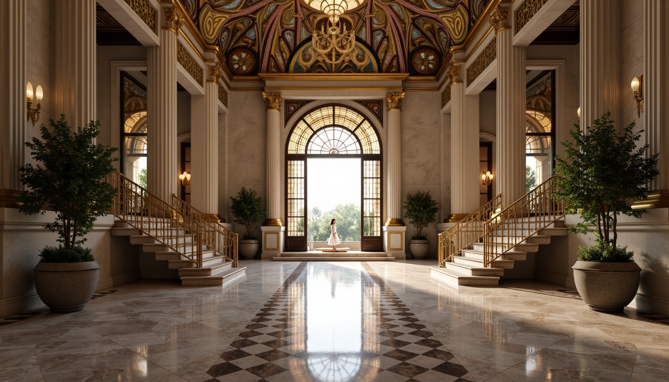 Prompt: Grand symmetrical entrance, harmonious balance, elegant arches, ornate columns, mirrored reflections, radial symmetry, central axis, perfect proportions, geometric patterns, intricate mosaics, luxurious materials, marble floors, golden accents, grand staircases, sweeping curves, axial views, one-point perspective, atmospheric lighting, soft shadows, 1/1 composition, realistic textures, ambient occlusion.