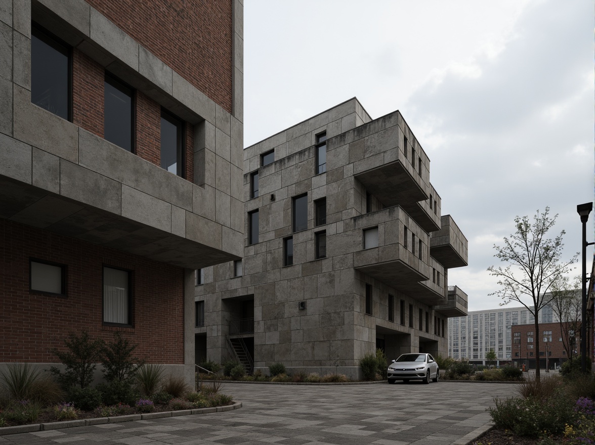 Prompt: Rough-hewn concrete walls, exposed ductwork, industrial metal beams, weathered steel surfaces, raw brick facades, rugged stone foundations, brutalist fortress-like structures, dramatic cantilevered roofs, angular geometric forms, monolithic monumental scale, harsh urban landscapes, overcast skies, diffused natural light, high-contrast shadows, gritty realistic textures, detailed normal maps, ambient occlusion.