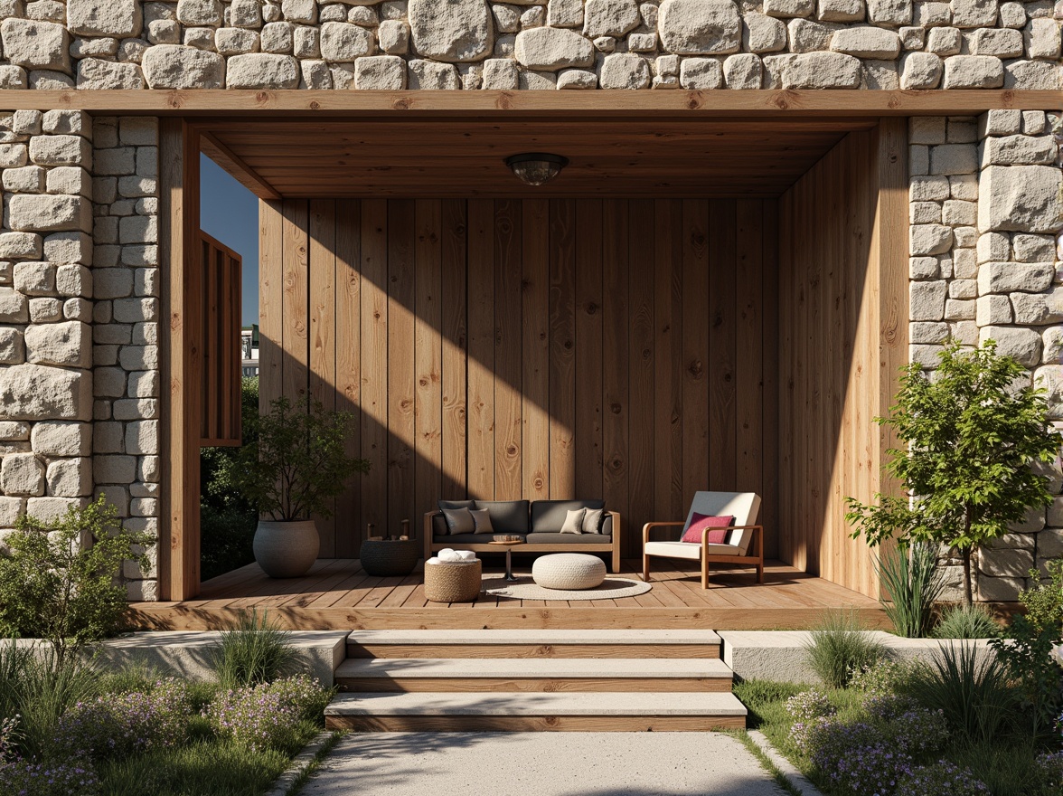 Prompt: Rough stone walls, rustic brick facades, wooden accents, natural wood grain, earthy tones, organic forms, irregular shapes, tactile experiences, 3D modeling, realistic renderings, ambient occlusion, soft warm lighting, shallow depth of field, 2/3 composition, modern architecture, sustainable design, eco-friendly materials, green roofs, living walls, urban landscapes, city skylines, industrial heritage, converted warehouses.