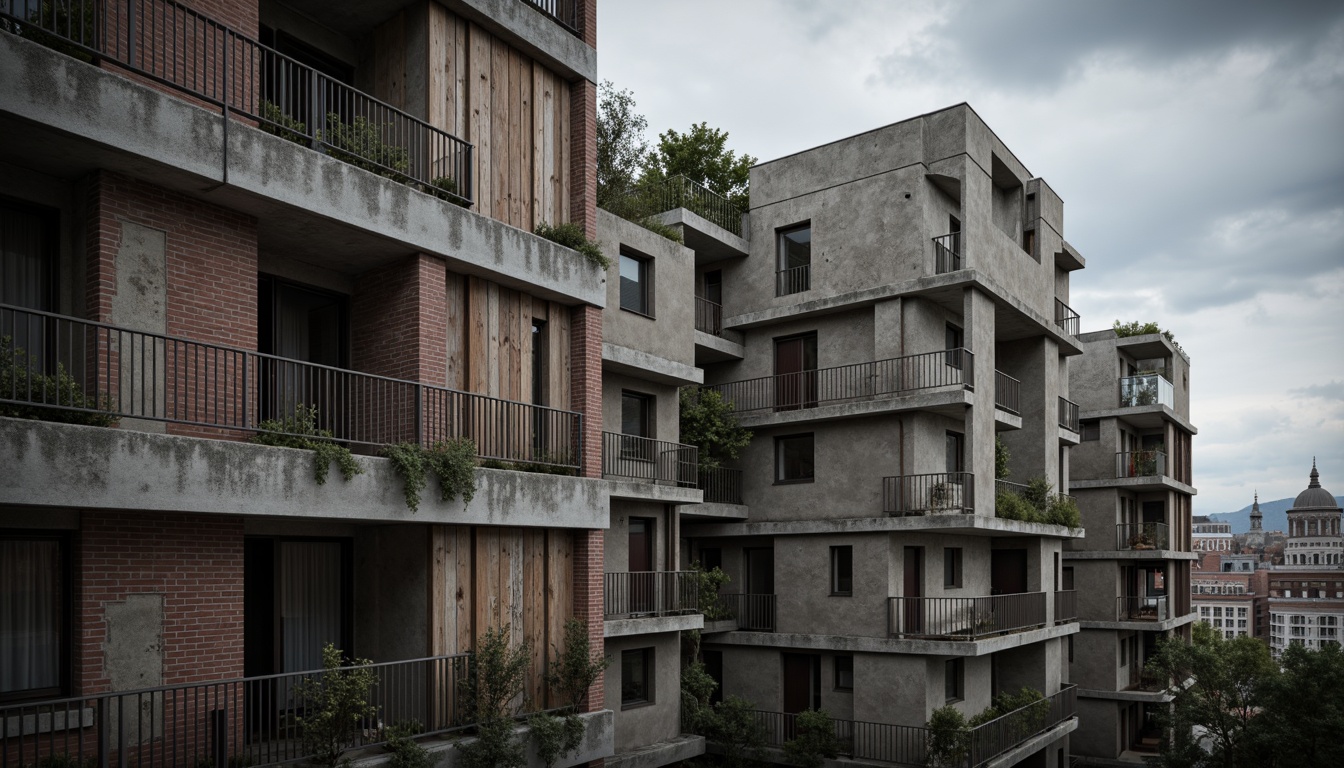 Prompt: Rough concrete walls, exposed ductwork, industrial metal beams, raw brick facades, weathered stone surfaces, distressed wood accents, brutalist monumentality, fortress-like structures, urban cityscape, overcast skies, dramatic shadows, high-contrast lighting, cinematic composition, gritty realistic textures, ambient occlusion.