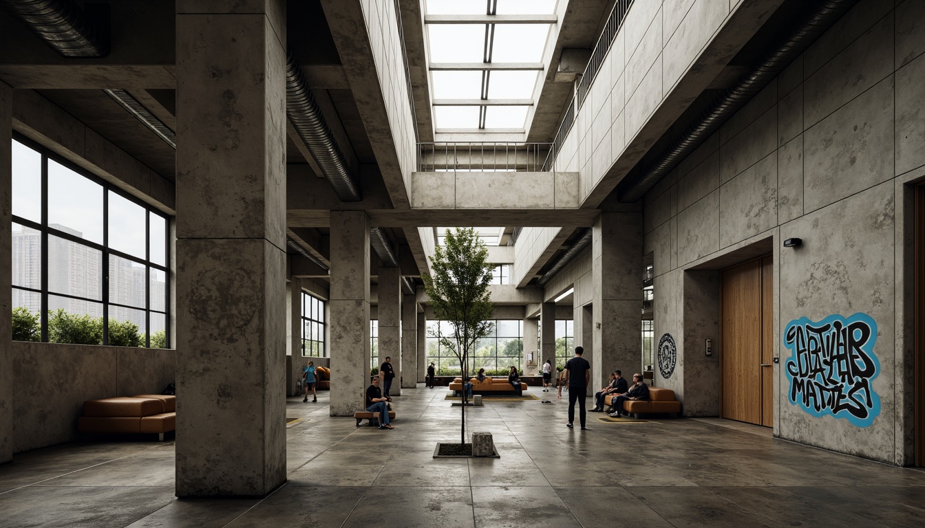 Prompt: Rugged community center, brutalist architecture, raw concrete walls, exposed ductwork, industrial metal beams, natural light pouring in, large skylights, clerestory windows, urban landscape views, gritty cityscape, overcast sky, soft diffused lighting, high contrast shadows, dramatic architectural forms, bold geometric shapes, functional minimalism, communal gathering spaces, reclaimed wood accents, weathered steel features, abstract graffiti art, moody atmospheric tones, cinematic composition, realistic textures, ambient occlusion.