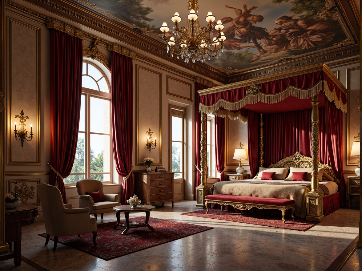 Prompt: Luxurious bedroom, rich velvet drapes, ornate gold frames, intricately carved wooden furniture, plush area rugs, lavish crystal chandeliers, soft warm lighting, dramatic ceiling murals, grandiose four-poster beds, luxurious silk bedding, heavy brocade curtains, antique bronze hardware, opulent marble floors, intricate fresco patterns, majestic arched windows, romantic candlelight, 1/1 composition, shallow depth of field, realistic textures, ambient occlusion.