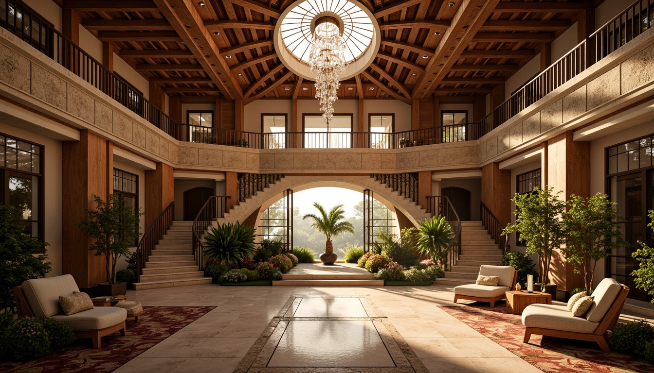 Prompt: Luxurious villa, ornate Art Deco facade, geometric patterns, metallic accents, curved lines, opulent decorations, lavish furnishings, grand staircase, intricate moldings, ornamental railings, luxurious textiles, velvet drapes, crystal chandeliers, marble floors, rich wood paneling, sunlit atrium, warm golden lighting, shallow depth of field, 1/1 composition, symmetrical framing, high-contrast rendering, realistic reflections.