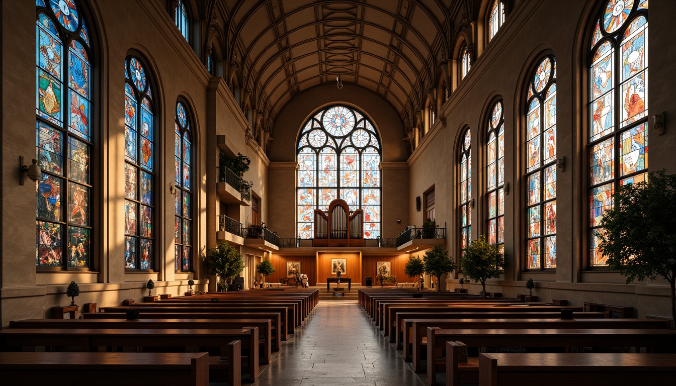 Prompt: Intricate stained glass windows, symmetrical arches, ornate vaulted ceilings, grandiose pipe organs, minimalist pews, sacred altars, geometric patterns, constructivist architecture, brutalist concrete structures, abstract sculptures, vibrant colorful mosaics, dramatic lighting effects, high contrast shadows, 1/1 composition, low-angle shot, warm golden hour lighting, realistic textures, ambient occlusion.