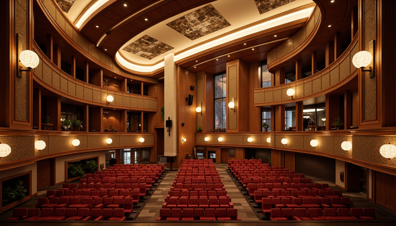 Prompt: Elegant auditorium, ornate constructivism architecture, rich wood tones, intricate stonework, sweeping curves, grand chandeliers, plush red velvet seats, acoustic panels, sound-absorbing materials, optimized reverberation time, precise speaker placement, dramatic spotlights, warm golden lighting, 1/2 composition, shallow depth of field, realistic textures, ambient occlusion.