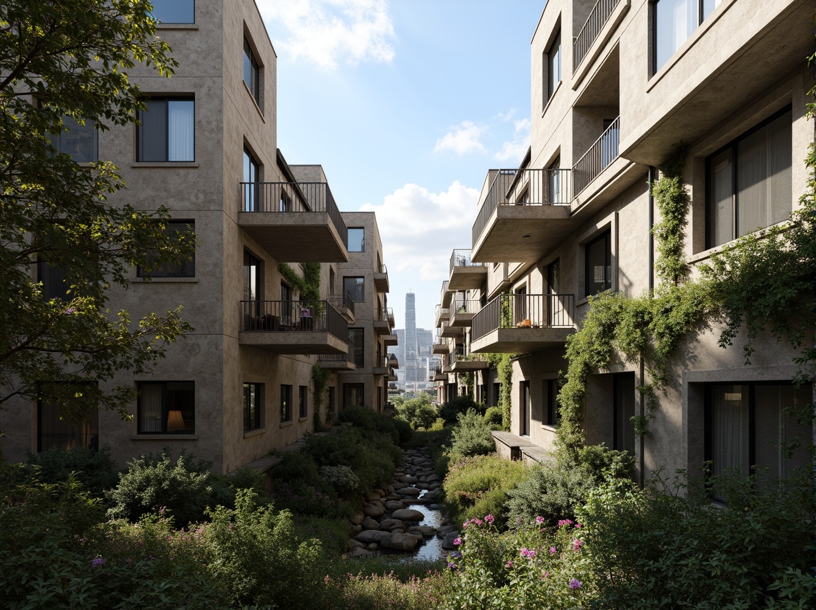 Prompt: Rugged brutalist buildings, raw concrete textures, fortress-like structures, overgrown vegetation, wildflowers, moss-covered walls, weathered steel beams, industrial materials, urban landscape integration, cityscape views, elevated walkways, cantilevered sections, dramatic shadows, harsh natural light, 1/1 composition, symmetrical framing, high-contrast lighting, gritty realistic textures, ambient occlusion.