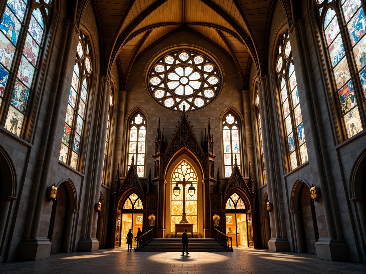 Prompt: Gothic church facade, asymmetrical composition, fragmented forms, abstract geometries, bold color contrasts, textured stone walls, stained glass windows, intricate metalwork, ornate doorways, dramatic arches, pointed spires, mystical ambiance, warm golden lighting, high-contrast shadows, 1/2 composition, low-angle shot, cinematic atmosphere, detailed textures, ambient occlusion.