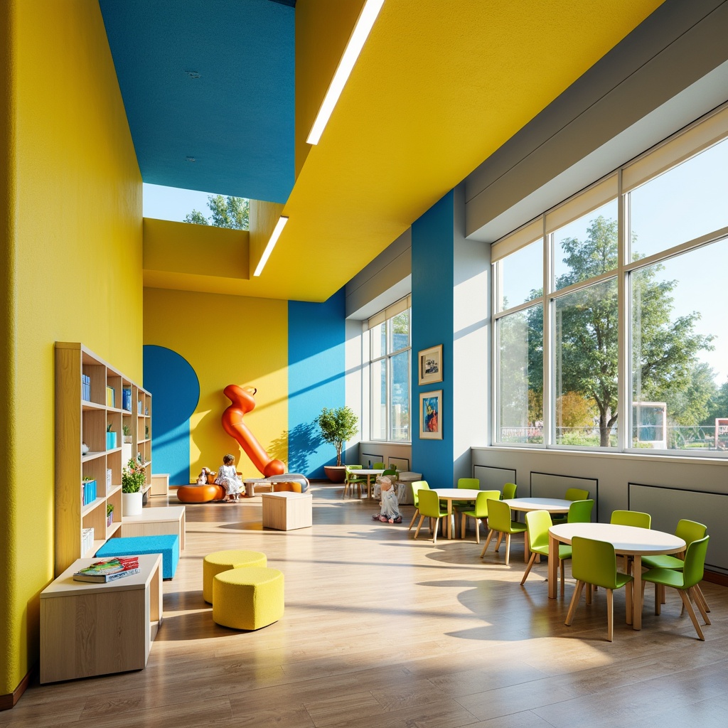 Prompt: Vibrant kindergarten, modernist architecture, bold color blocking, bright yellow walls, sky blue accents, lime green furniture, orange playground equipment, geometric shapes, minimalist decor, natural wood textures, large windows, sliding glass doors, abundant natural light, soft warm lighting, shallow depth of field, 3/4 composition, panoramic view, realistic textures, ambient occlusion.