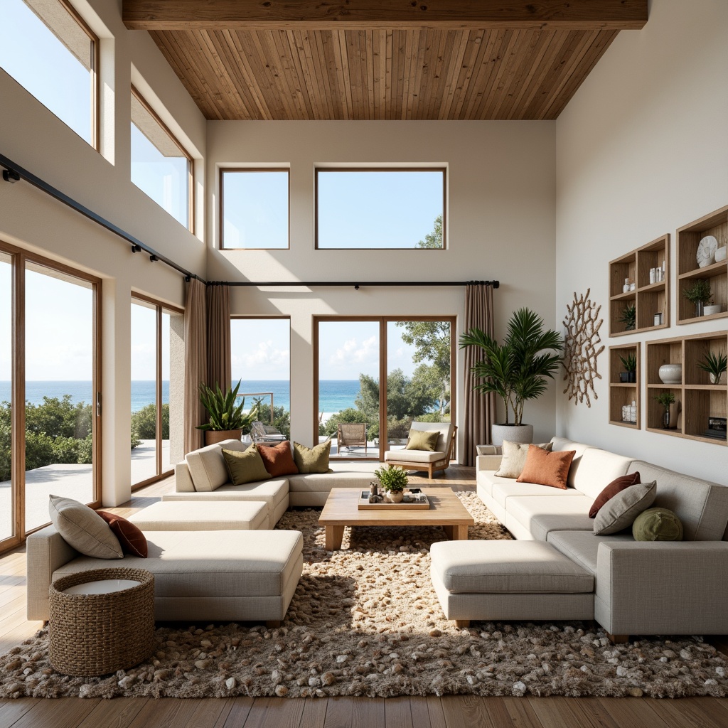 Prompt: Coastal living room, ocean-inspired color palette, driftwood accents, natural textiles, woven sea grass furniture, coral-patterned rugs, shell-adorned decorative walls, floor-to-ceiling windows, sliding glass doors, panoramic ocean views, soft warm lighting, beachy ambiance, minimalist decor, nautical-themed accessories, distressed wood flooring, plush sectional sofas, built-in shelving units, tropical plants, calming atmosphere, 1/1 composition, realistic reflections, ambient occlusion.