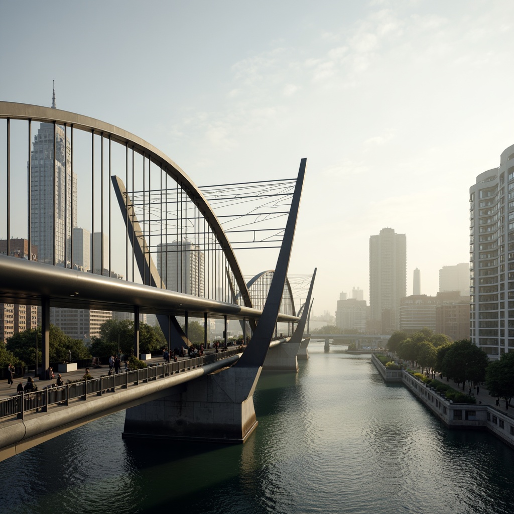 Prompt: Futuristic bridge, sleek metal arches, suspension cables, modern fusion architecture, dynamic curves, cantilevered sections, urban cityscape, misty morning atmosphere, soft warm lighting, shallow depth of field, 3/4 composition, panoramic view, realistic textures, ambient occlusion, steel beams, reinforced concrete pillars, innovative materials, sustainable construction methods, pedestrian walkways, scenic viewpoints, water reflections, rippling waves, surrounding skyscrapers.