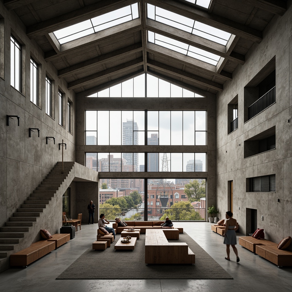 Prompt: Rugged community center, brutalist architecture, raw concrete walls, exposed ductwork, industrial metal beams, natural light pouring in, large skylights, clerestory windows, urban landscape views, gritty cityscape, overcast sky, soft diffused lighting, high contrast shadows, dramatic architectural angles, bold structural elements, minimalist interior design, functional simplicity, communal gathering spaces, reclaimed wood accents, earthy color palette, organic textures, 3/4 composition, cinematic framing, realistic render.