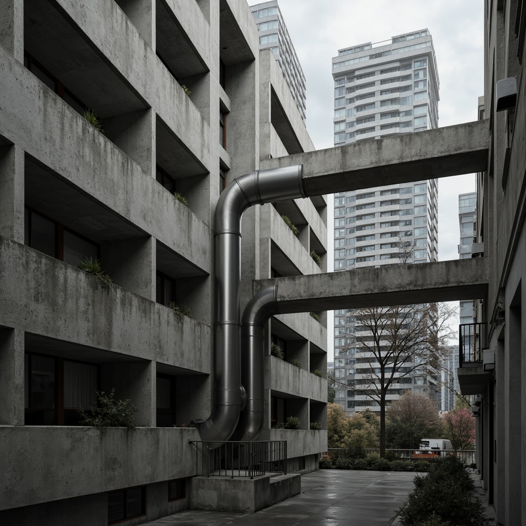 Prompt: Exposed concrete walls, rugged textures, industrial pipes, raw steel beams, minimalist balconies, brutalist architecture, urban cityscape, gloomy overcast sky, dramatic shadows, high-contrast lighting, bold geometric forms, functional simplicity, distressed finishes, poured-in-place concrete, cold monochromatic color palette, 1/1 composition, low-angle shot, cinematic atmosphere, gritty realistic textures.