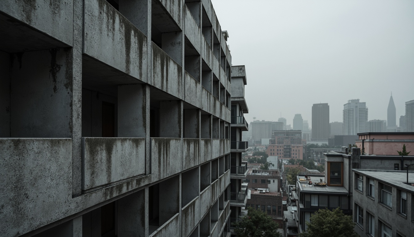 Prompt: Exposed concrete walls, rugged textures, industrial pipes, raw steel beams, minimalist balconies, brutalist architecture, urban cityscape, gloomy overcast sky, dramatic shadows, high-contrast lighting, bold geometric forms, functional simplicity, distressed finishes, poured-in-place concrete, cold monochromatic color palette, 1/1 composition, low-angle shot, cinematic atmosphere, gritty realistic textures.