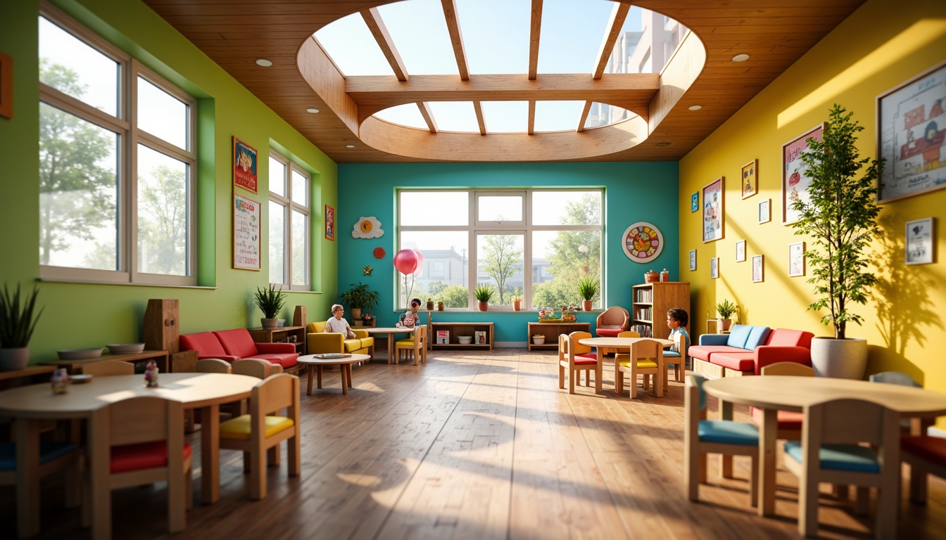 Prompt: Vibrant kindergarten interior, natural lighting, large windows, skylights, clerestory windows, soft warm illumination, colorful furniture, educational decorations, playful murals, wooden floors, cozy reading nooks, circular tables, tiny chairs, potted plants, green walls, calming atmosphere, shallow depth of field, 1/1 composition, realistic textures, ambient occlusion.