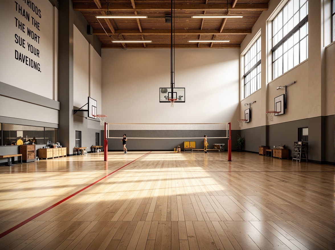 Prompt: Spacious gymnasium interior, high ceilings, natural light pouring in, polished wooden floors, athletic equipment, basketball hoops, volleyball nets, exercise machines, free weights, mirrored walls, motivational quotes, modern architecture, minimalist design, sleek lines, abundant ventilation, soft warm lighting, shallow depth of field, 3/4 composition, panoramic view, realistic textures, ambient occlusion.