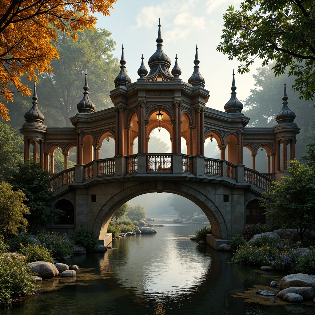 Prompt: Ornate Baroque bridge, rich jewel-toned color palette, warm golden lighting, intricate stone carvings, ornamental metalwork, majestic arches, rustic stonework, moss-covered walls, serene river waters, lush greenery, vibrant flowers, soft misty atmosphere, shallow depth of field, 1/1 composition, realistic textures, ambient occlusion.