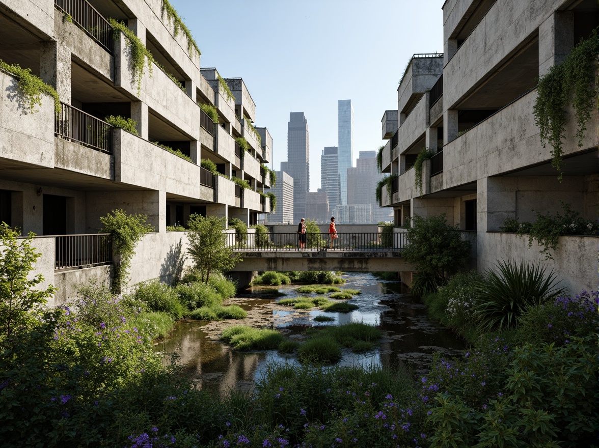 Prompt: Rugged brutalist buildings, raw concrete textures, fortress-like structures, overgrown vegetation, wildflowers, moss-covered walls, weathered steel beams, industrial materials, urban landscape integration, cityscape views, elevated walkways, cantilevered sections, dramatic shadows, harsh natural light, 1/1 composition, symmetrical framing, high-contrast lighting, gritty realistic textures, ambient occlusion.