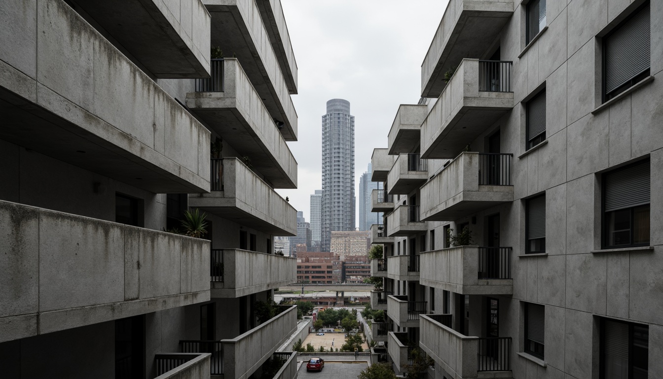 Prompt: Exposed concrete walls, rugged textures, industrial pipes, raw steel beams, minimalist balconies, brutalist architecture, urban cityscape, gloomy overcast sky, dramatic shadows, high-contrast lighting, bold geometric forms, functional simplicity, distressed finishes, poured-in-place concrete, cold monochromatic color palette, 1/1 composition, low-angle shot, cinematic atmosphere, gritty realistic textures.