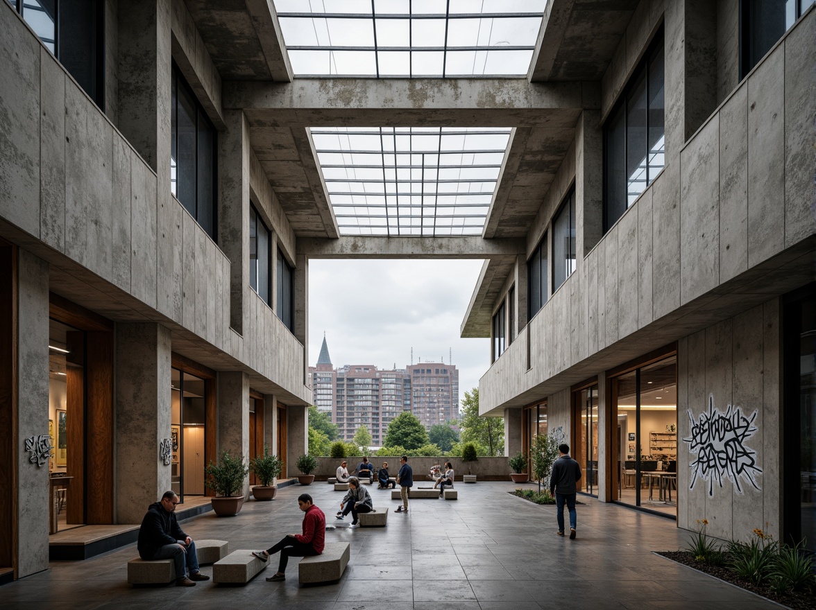 Prompt: Rugged community center, brutalist architecture, raw concrete walls, exposed ductwork, industrial metal beams, natural light pouring in, large skylights, clerestory windows, urban landscape views, gritty cityscape, overcast sky, soft diffused lighting, high contrast shadows, dramatic architectural forms, bold geometric shapes, functional minimalism, communal gathering spaces, reclaimed wood accents, weathered steel features, abstract graffiti art, moody atmospheric tones, cinematic composition, realistic textures, ambient occlusion.