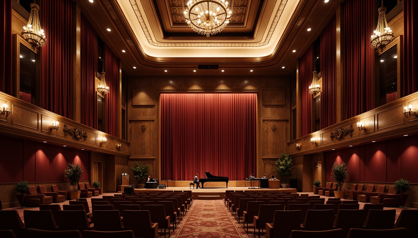 Prompt: Intimate concert hall, rich wood tones, velvet curtains, plush seating, ornate chandeliers, grand pianos, sound-absorbing panels, acoustic diffusers, resonant frequencies, precise speaker placement, optimized room dimensions, reflective surfaces, warm ambient lighting, shallow depth of field, 2/3 composition, realistic textures, subtle color palette.