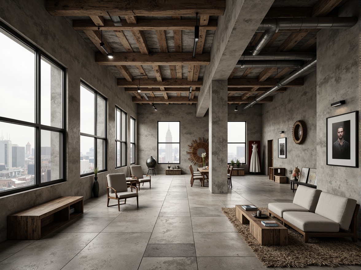 Prompt: Exposed concrete walls, rugged stone floors, industrial metal beams, raw wooden accents, minimalist decor, brutalist architectural style, urban loft atmosphere, high ceilings, large windows, natural light, cityscape views, functional simplicity, monochromatic color scheme, distressed textures, rough-hewn wood furniture, steel lighting fixtures, industrial-style pipes, concrete columns, brutalist-inspired sculptures, abstract artwork, moody ambient lighting, shallow depth of field, 2/3 composition, cinematic framing.