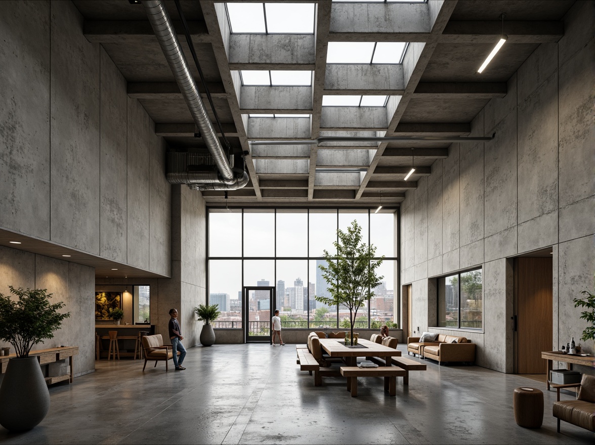 Prompt: Rugged community center, brutalist architecture, raw concrete walls, exposed ductwork, industrial metal beams, minimalist decor, abundant natural light, clerestory windows, skylights, open floor plan, communal gathering spaces, urban landscape views, gritty cityscape, overcast sky, soft diffused lighting, high contrast shadows, dramatic architectural angles, 1/1 composition, realistic textures, ambient occlusion.