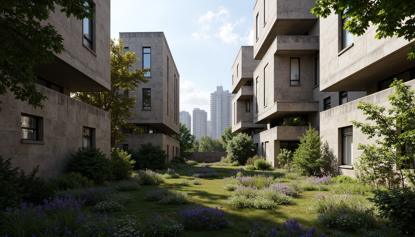 Prompt: Rugged brutalist buildings, raw concrete textures, fortress-like structures, overgrown vegetation, wildflowers, moss-covered walls, weathered steel beams, industrial materials, urban landscape integration, cityscape views, elevated walkways, cantilevered sections, dramatic shadows, harsh natural light, 1/1 composition, symmetrical framing, high-contrast colors, gritty realistic textures, ambient occlusion.