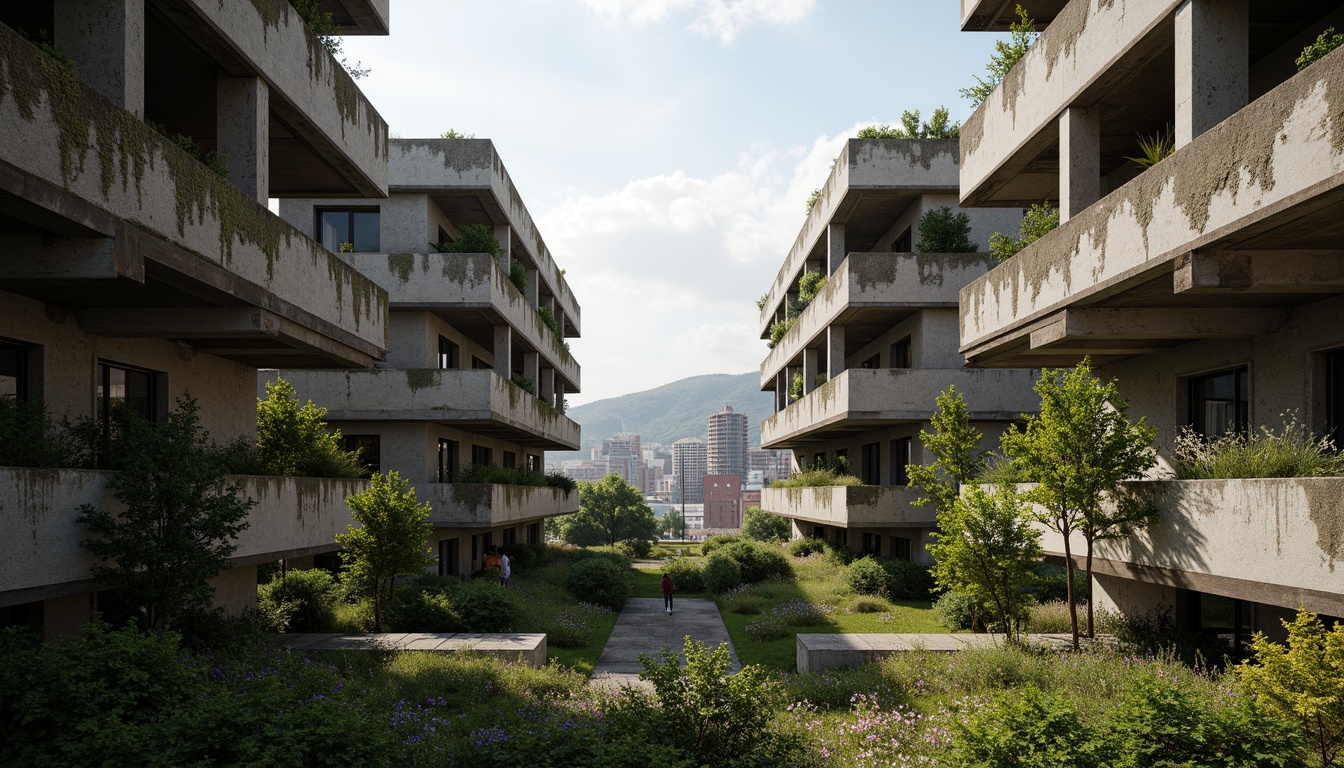 Prompt: Rugged brutalist buildings, raw concrete textures, fortress-like structures, overgrown vegetation, wildflowers, moss-covered walls, weathered steel beams, industrial materials, urban landscape integration, cityscape views, elevated walkways, cantilevered sections, dramatic shadows, harsh natural light, 1/1 composition, symmetrical framing, high-contrast lighting, gritty realistic textures, ambient occlusion.