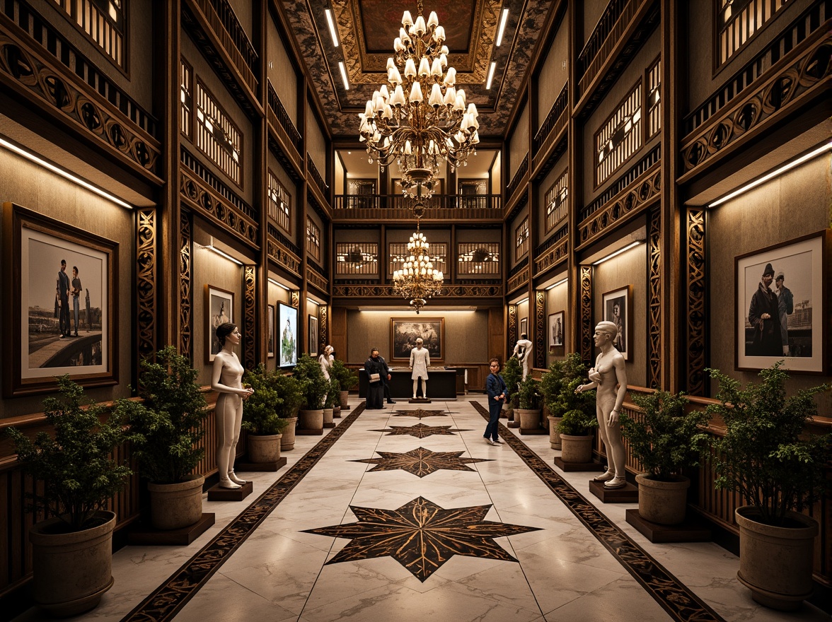 Prompt: Intricate geometric patterns, ornate metalwork, luxurious marble surfaces, grandiose statues, symmetrical compositions, opulent chandeliers, lavish mosaics, bold typography, stylized florals, zigzag motifs, chevron designs, sunburst patterns, metallic accents, polished chrome details, rich jewel tones, dramatic lighting effects, low-angle photography, cinematic atmosphere, high-contrast rendering, detailed textures, realistic reflections.