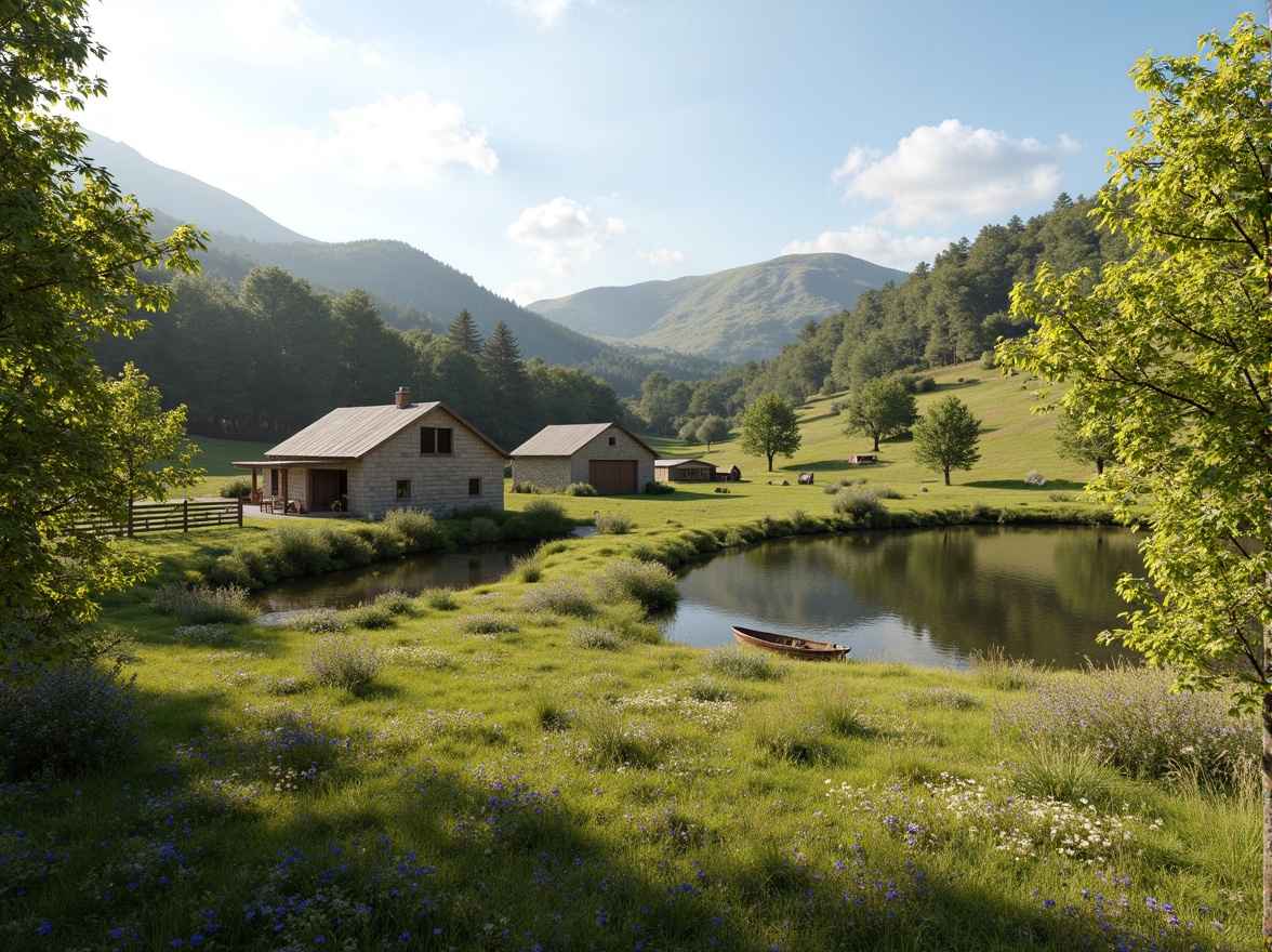 Prompt: Rustic rural farmhouse, rolling hills, lush green pastures, wildflower meadows, wooden fences, stone walls, natural ponds, serene countryside views, vintage farm equipment, weathered barns, earthy tones, organic textures, warm sunny days, soft diffused lighting, shallow depth of field, 1/1 composition, intimate close-ups, realistic foliage, ambient occlusion.