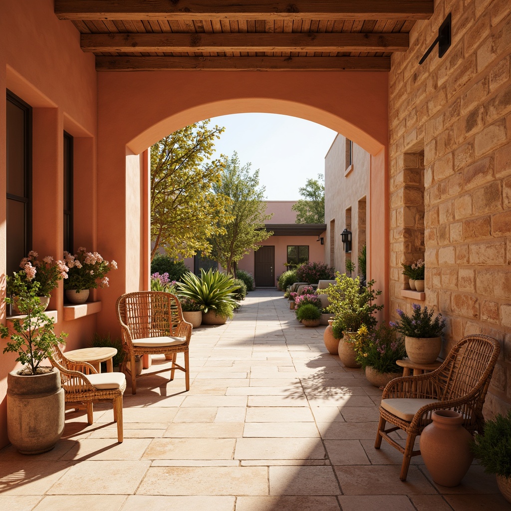 Prompt: Warm apricot hues, soft peach undertones, creamy beige accents, rustic terracotta walls, natural stone flooring, earthy ceramic vases, woven rattan furniture, lush greenery, blooming flowers, sunny afternoon, warm golden lighting, shallow depth of field, 3/4 composition, panoramic view, realistic textures, ambient occlusion.