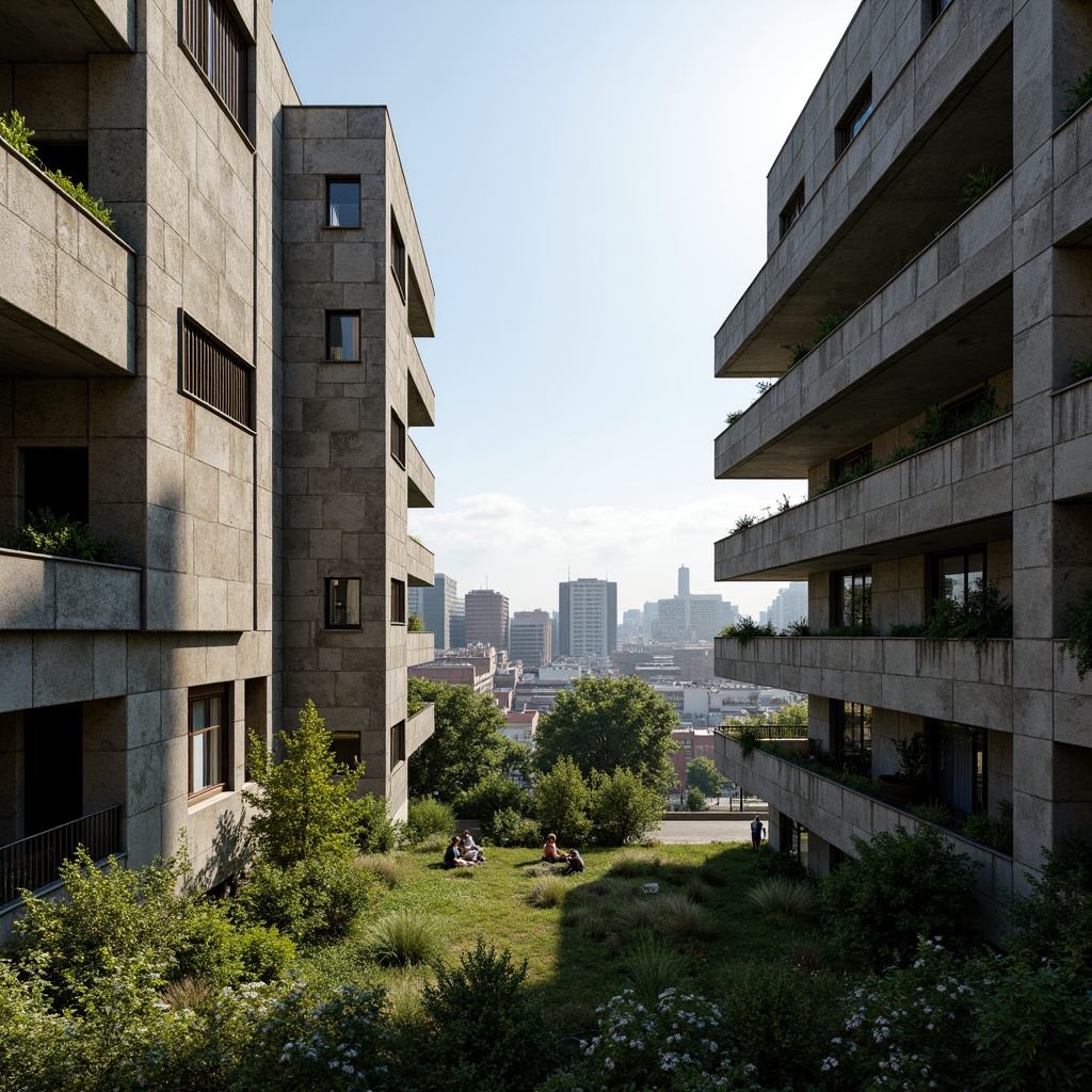 Prompt: Rugged brutalist buildings, raw concrete textures, fortress-like structures, overgrown vegetation, wildflowers, moss-covered walls, weathered steel beams, industrial materials, urban landscape integration, cityscape views, elevated walkways, cantilevered sections, dramatic shadows, harsh natural light, 1/1 composition, symmetrical framing, high-contrast lighting, gritty realistic textures, ambient occlusion.