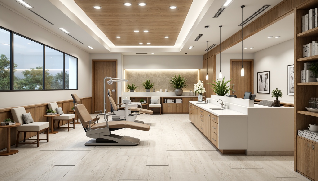 Prompt: Modern dental clinic interior, sleek reception desk, comfortable waiting area, calming color scheme, natural wood accents, minimalist decor, efficient floor plan, private treatment rooms, advanced medical equipment, ergonomic dentist chairs, adjustable lighting systems, hygienic surfaces, easy-to-clean floors, ample storage spaces, organized supply cabinets, soothing ambient music, gentle air purification system, 1/1 composition, softbox lighting, realistic textures, subtle reflections.