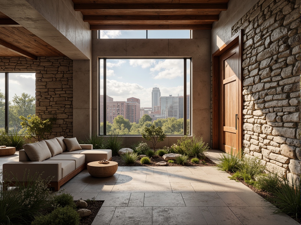 Prompt: Rough stone walls, rustic brick facades, wooden accents, natural wood grain, earthy tones, organic forms, irregular shapes, tactile experiences, 3D modeling, realistic renderings, ambient occlusion, soft warm lighting, shallow depth of field, 2/3 composition, modern architecture, sustainable design, eco-friendly materials, green roofs, living walls, urban landscapes, city skylines, industrial heritage, converted warehouses.