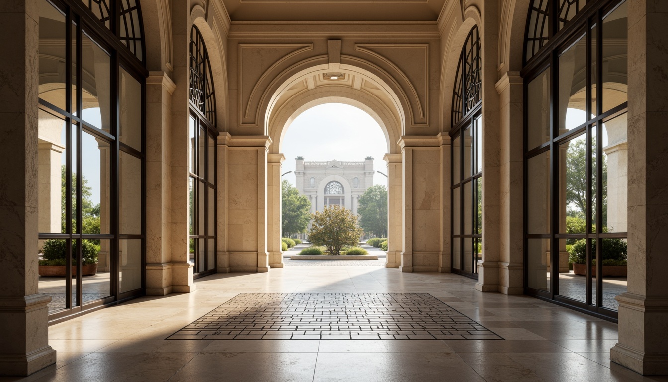 Prompt: Grand symmetrical entrance, harmonious balance, elegant arches, ornate columns, mirrored reflections, radial patterns, central axis, perfect proportions, geometric shapes, minimalist design, neutral color palette, natural stone flooring, subtle textures, ambient lighting, soft shadows, 1/1 composition, frontal view, realistic rendering, atmospheric perspective.