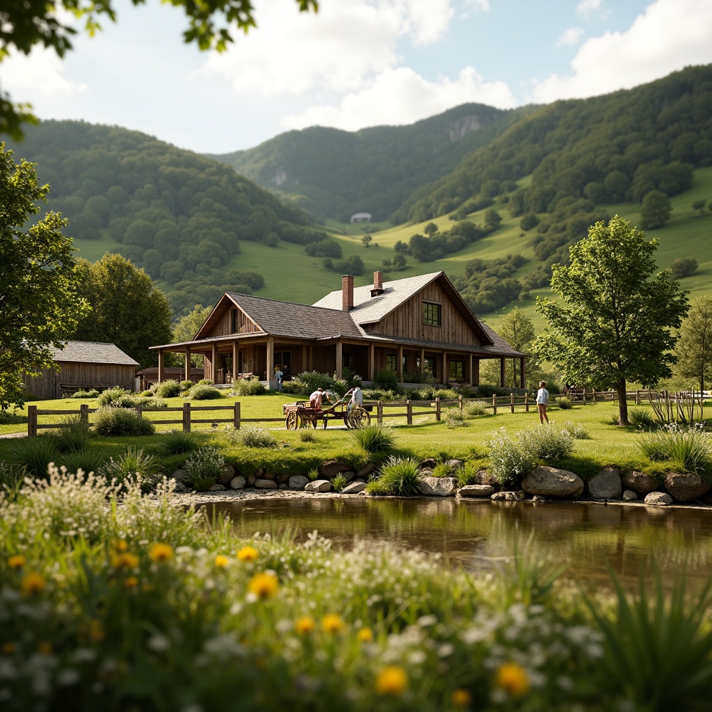 Prompt: Rustic rural farmhouse, rolling hills, lush green pastures, wildflower meadows, wooden fences, stone walls, natural ponds, serene countryside, vintage farm equipment, weathered barns, earthy tones, organic textures, warm sunny day, soft diffused lighting, shallow depth of field, 1/1 composition, intimate close-up shots, realistic foliage, ambient occlusion.