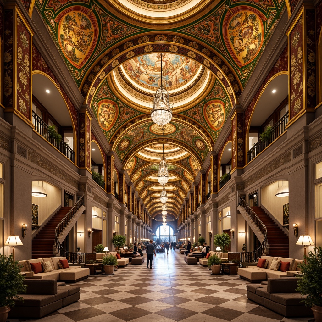 Prompt: Intricate mosaics, golden domes, ornate archways, lavish furnishings, rich tapestries, grand chandeliers, marble floors, intricate carvings, ornamental columns, luxurious textiles, vibrant jewel tones, warm ambient lighting, shallow depth of field, 1/2 composition, symmetrical framing, realistic reflections, ambient occlusion, opulent hotel lobbies, majestic ballrooms, regal suites, lavish dining halls, grand staircases, ornate balconies, Byzantine-inspired patterns.