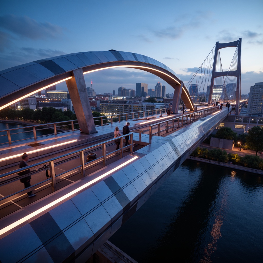 Prompt: Futuristic bridge design, metallic structures, iridescent materials, reflective surfaces, neon-lit accents, glowing lines, sleek curves, minimalist railings, modern urban landscape, cityscape at dusk, vibrant nightlife, misty atmosphere, shallow depth of field, 3/4 composition, panoramic view, realistic textures, ambient occlusion.