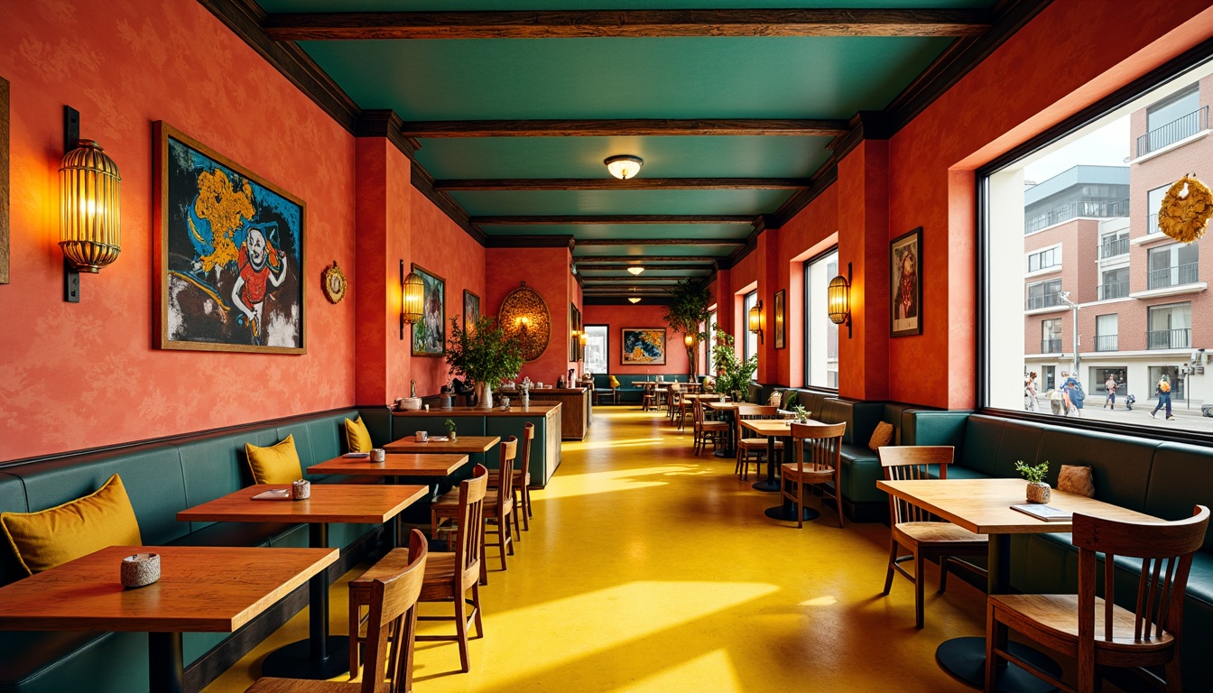 Prompt: Vibrant restaurant interior, expressionist art style, bold color palette, warm golden lighting, rich wood accents, eclectic furniture, abstract artwork, geometric patterns, bright coral walls, deep turquoise ceilings, sunny yellow floors, distressed metal decorations, reclaimed wood textures, industrial chic atmosphere, dramatic shadows, high contrast ratio, 1/2 composition, cinematic lighting, realistic reflections.