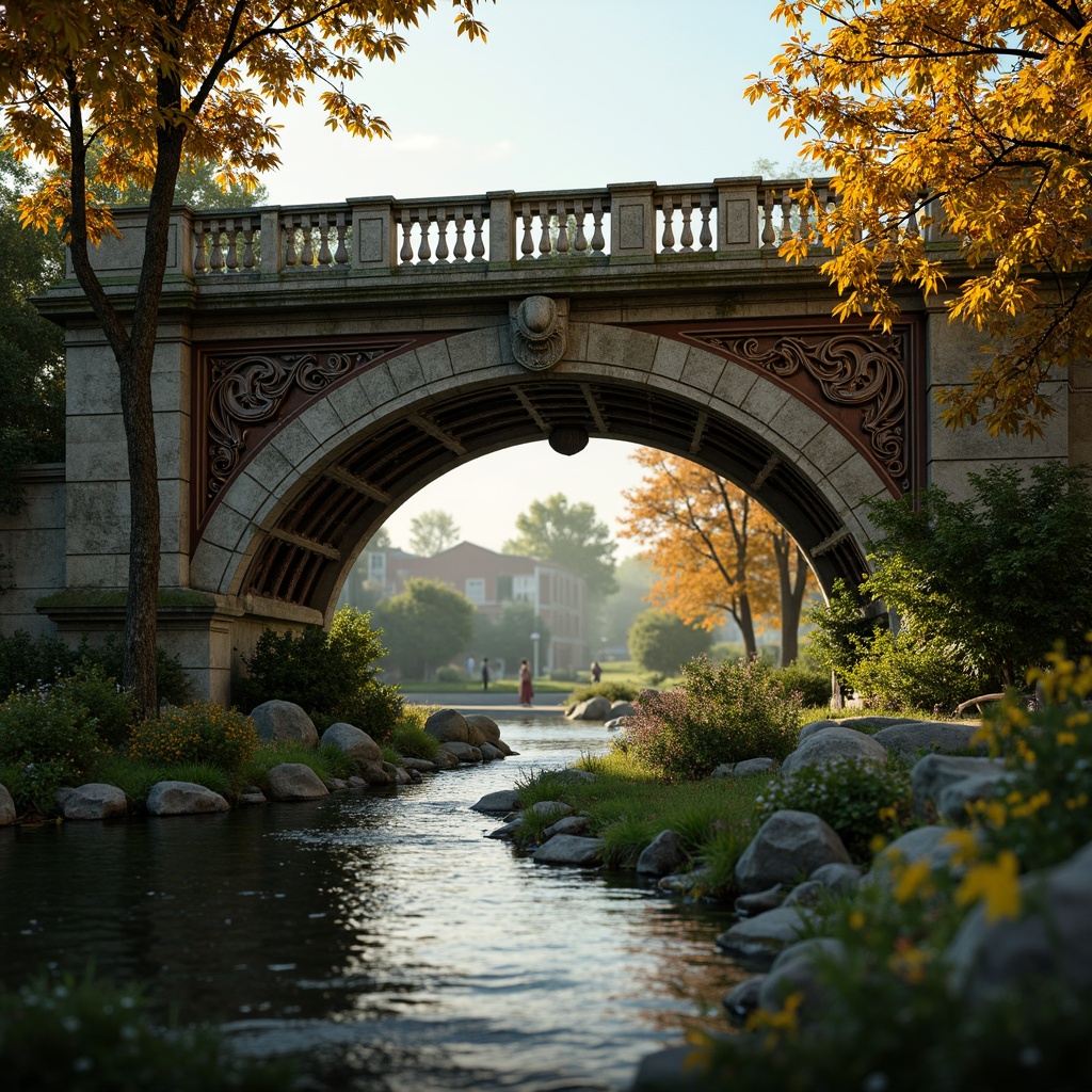 Prompt: Ornate Baroque bridge, rich jewel-toned color palette, warm golden lighting, intricate stone carvings, ornamental metalwork, majestic arches, rustic stonework, moss-covered walls, serene river waters, lush greenery, vibrant flowers, soft misty atmosphere, shallow depth of field, 1/1 composition, realistic textures, ambient occlusion.