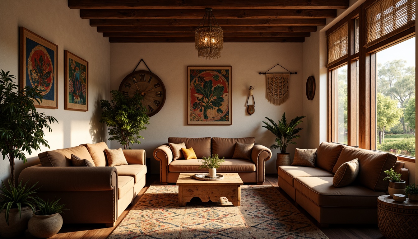 Prompt: Cozy eclectic living room, vintage furniture, distressed wood accents, plush velvet sofas, colorful Moroccan tiles, abstract artwork, macrame wall hangings, natural fiber rugs, warm golden lighting, soft candlelight, shallow depth of field, 1/1 composition, intimate atmosphere, rich textures, ambient occlusion.