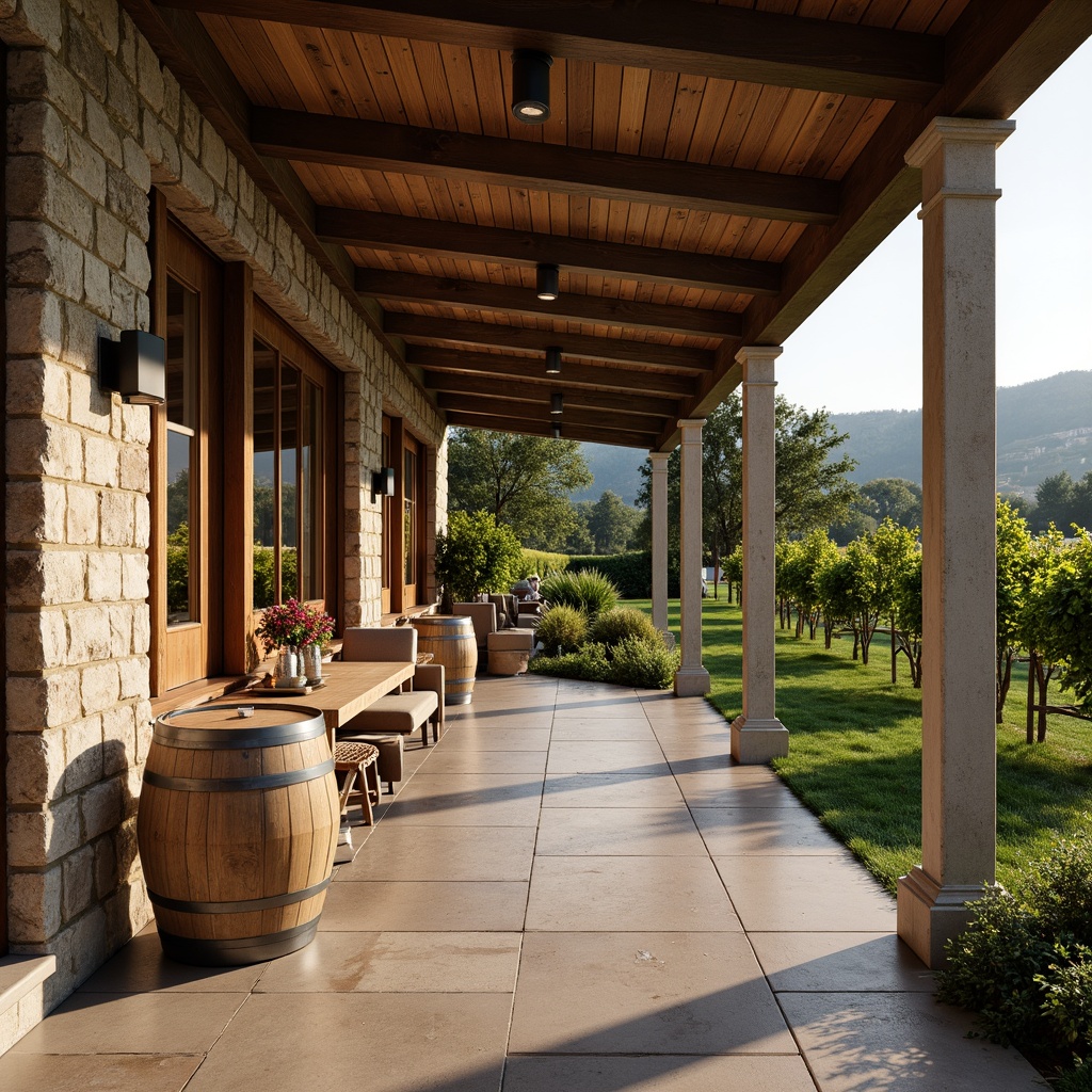 Prompt: Rustic winery facade, stone walls, wooden accents, vineyard surroundings, rolling hills, lush greenery, academic architectural style, classical columns, ornate details, earthy color palette, natural stone flooring, wooden barrels, wine-making equipment, large windows, glass doors, soft warm lighting, shallow depth of field, 3/4 composition, panoramic view, realistic textures, ambient occlusion.