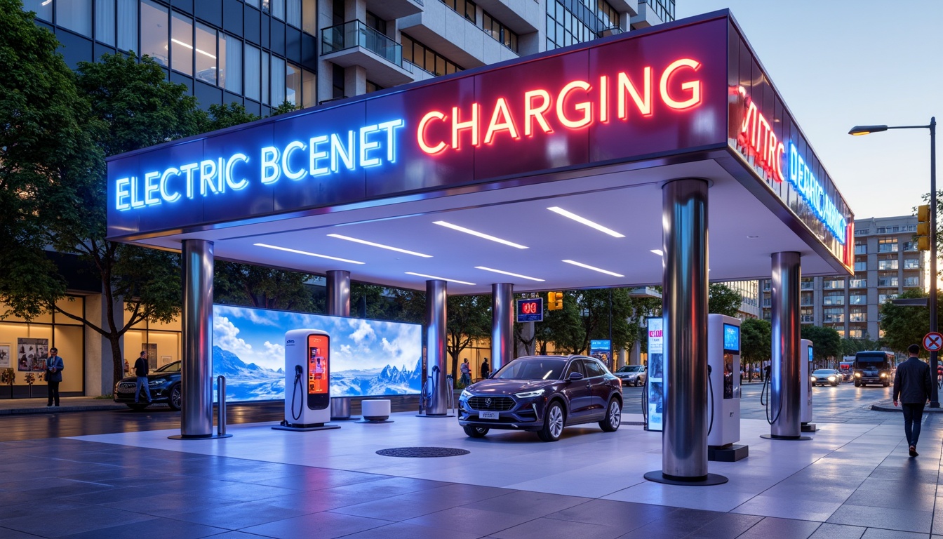 Prompt: Vibrant electric vehicle charging station, neon-lit signage, bold typography, futuristic architecture, sleek metal columns, glossy white floors, dynamic LED lighting, energizing color scheme, contrasting accents, modern minimalist design, urban cityscape, busy streets, morning sunlight, shallow depth of field, 1/1 composition, realistic textures, ambient occlusion.