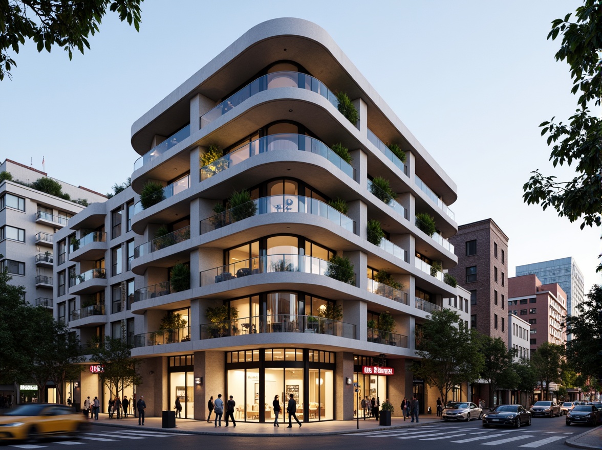 Prompt: Vibrant apartment complex, fusion architecture style, curved balconies, sleek metal railings, glass balustrades, modern minimalist facade, neutral color palette, contrasting textures, natural stone cladding, wooden accents, green roofs, vertical gardens, urban cityscape, busy street life, warm evening lighting, shallow depth of field, 1/1 composition, realistic reflections, ambient occlusion.