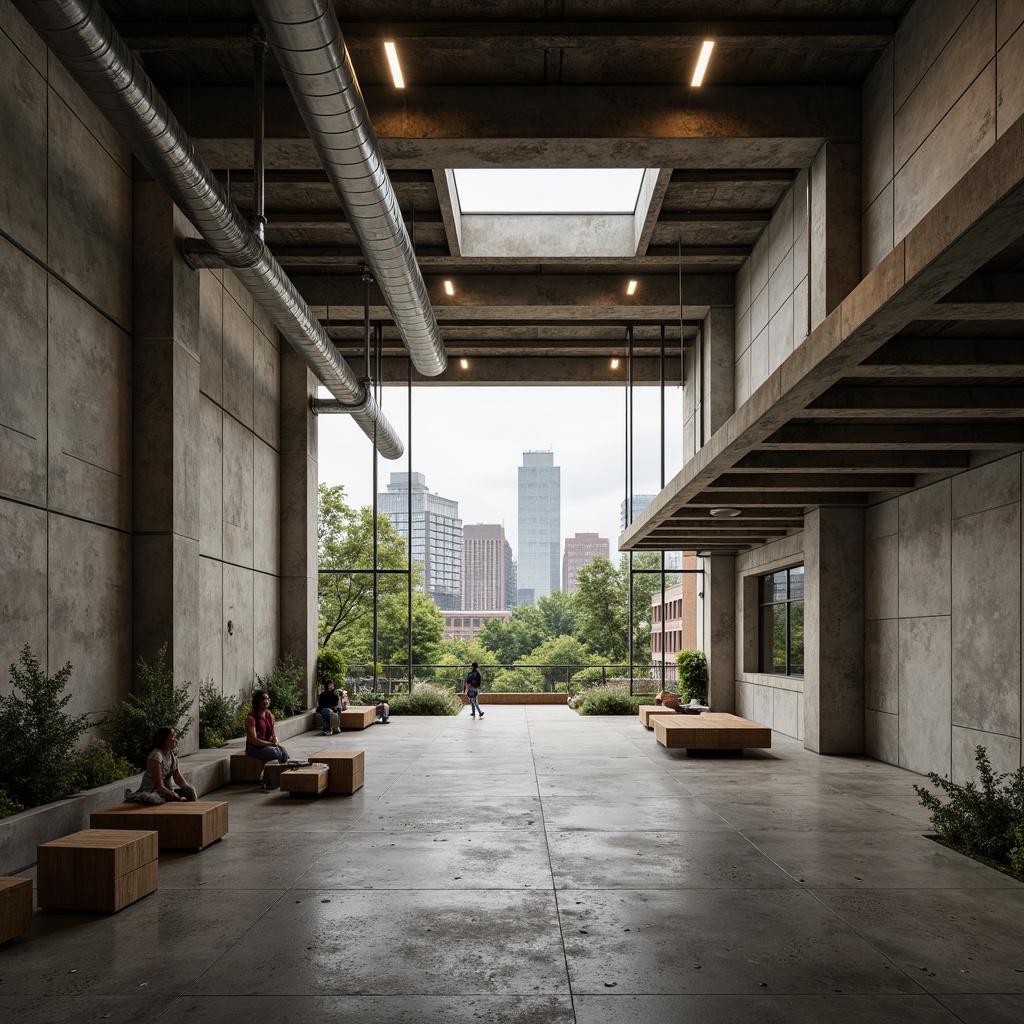 Prompt: Rugged community center, brutalist architecture, raw concrete walls, exposed ductwork, industrial metal beams, natural light pouring in, large skylights, clerestory windows, urban landscape views, gritty cityscape, overcast sky, soft diffused lighting, high contrast shadows, dramatic architectural angles, bold structural elements, minimalist interior design, functional simplicity, communal gathering spaces, reclaimed wood accents, earthy color palette, organic textures, 3/4 composition, cinematic framing, realistic render.