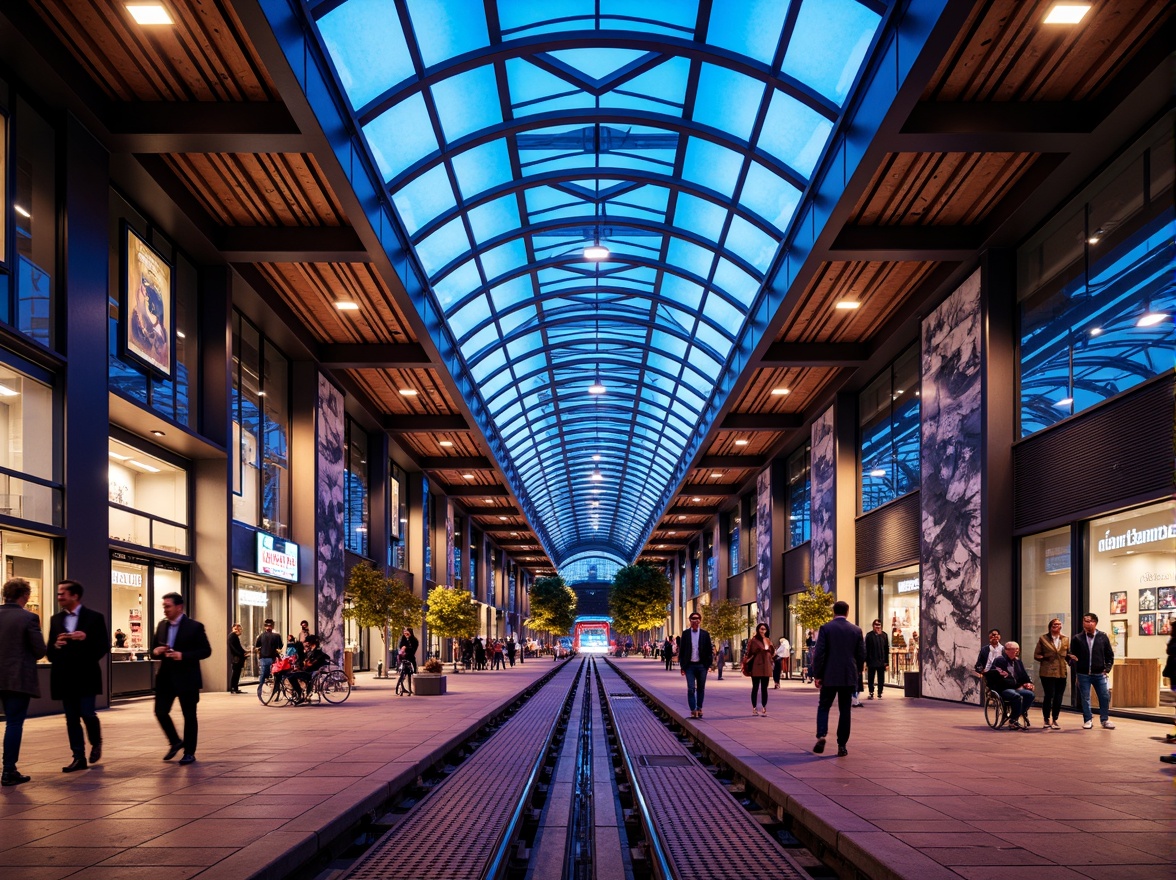 Prompt: Vibrant tram station, modern architecture, sleek metal beams, glass roofs, LED light installations, futuristic ambiance, dynamic color schemes, neon signs, urban cityscape, busy pedestrian traffic, rush hour atmosphere, soft warm lighting, shallow depth of field, 1/1 composition, realistic textures, ambient occlusion, suspended ceiling lights, linear fluorescent lamps, circular pendant lights, geometric patterned flooring, polished metal handrails, comfortable seating areas.